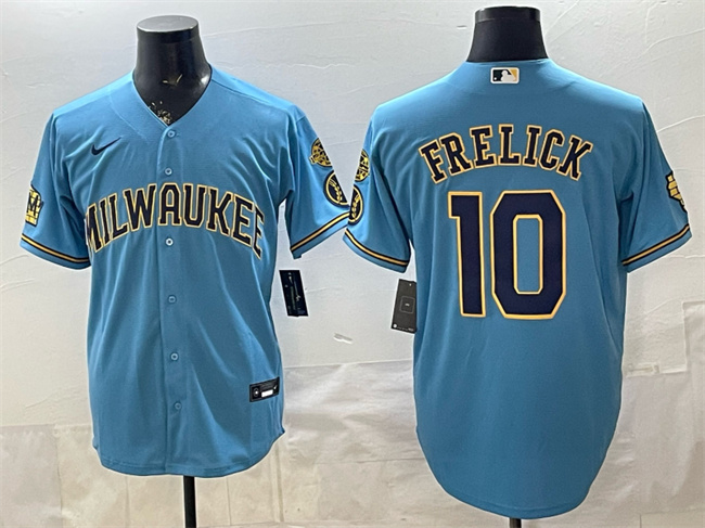 Men's Blue Milwaukee Brewers #10 Sal Frelick With Home & Bob Uecker Patch Stitched Baseball Jersey